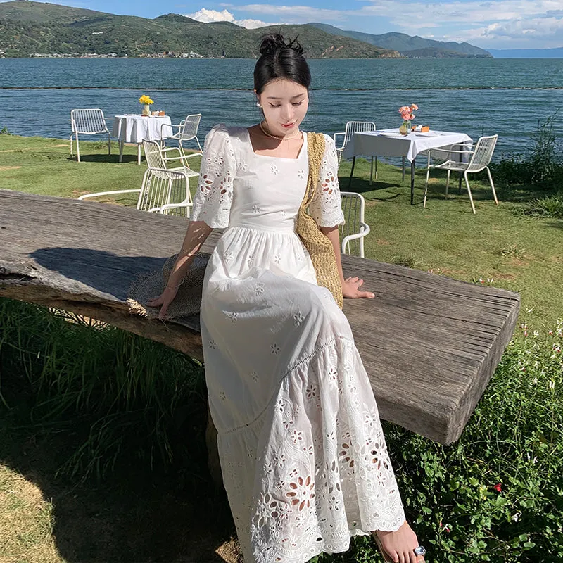 CM-DY093135 Women Trendy Bohemian Style Square Collar Pinched Waist Long Dress