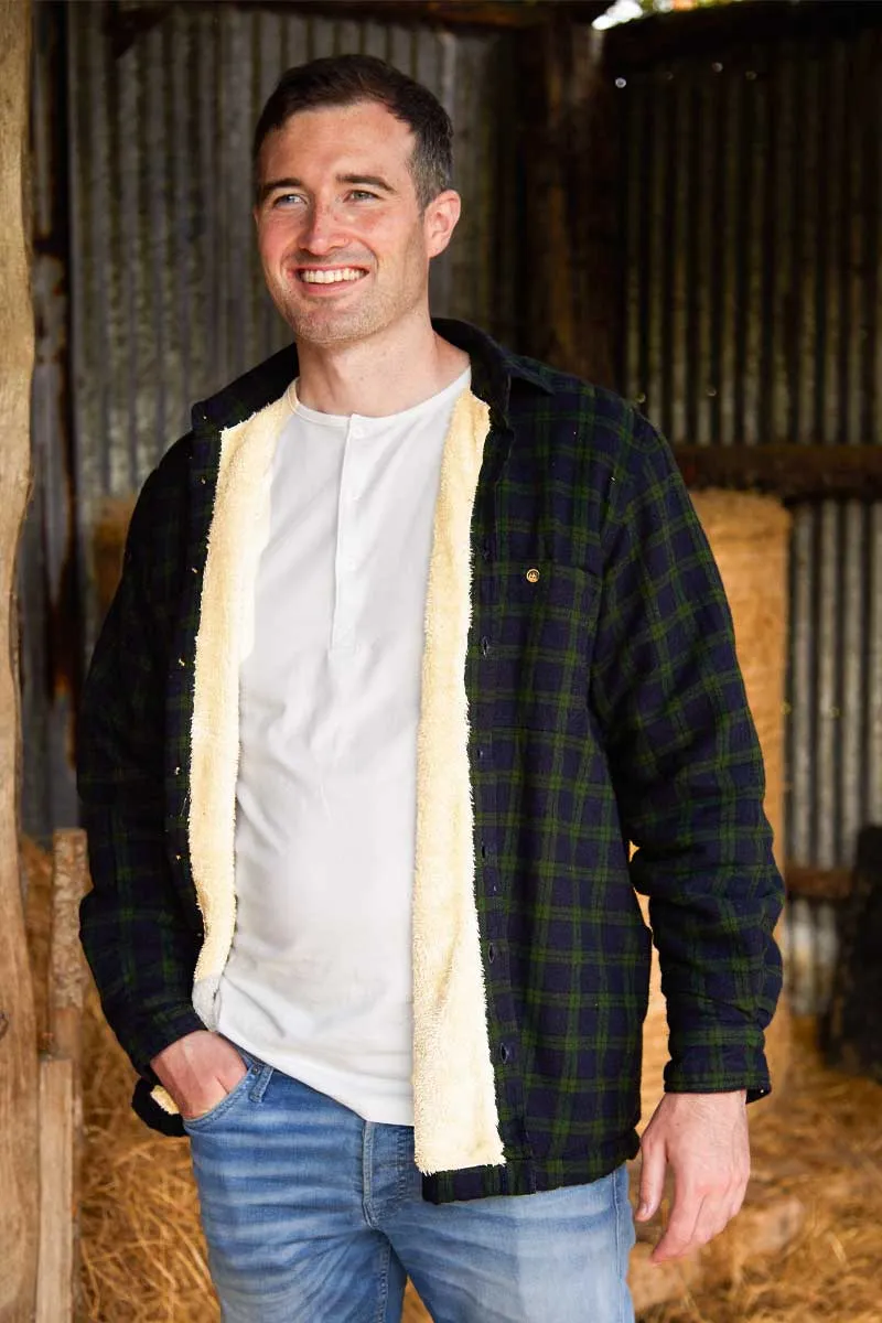 Collar Fleece Lined Flannel Shirts Men’s Green Tartan - Blackwatch (LV6)