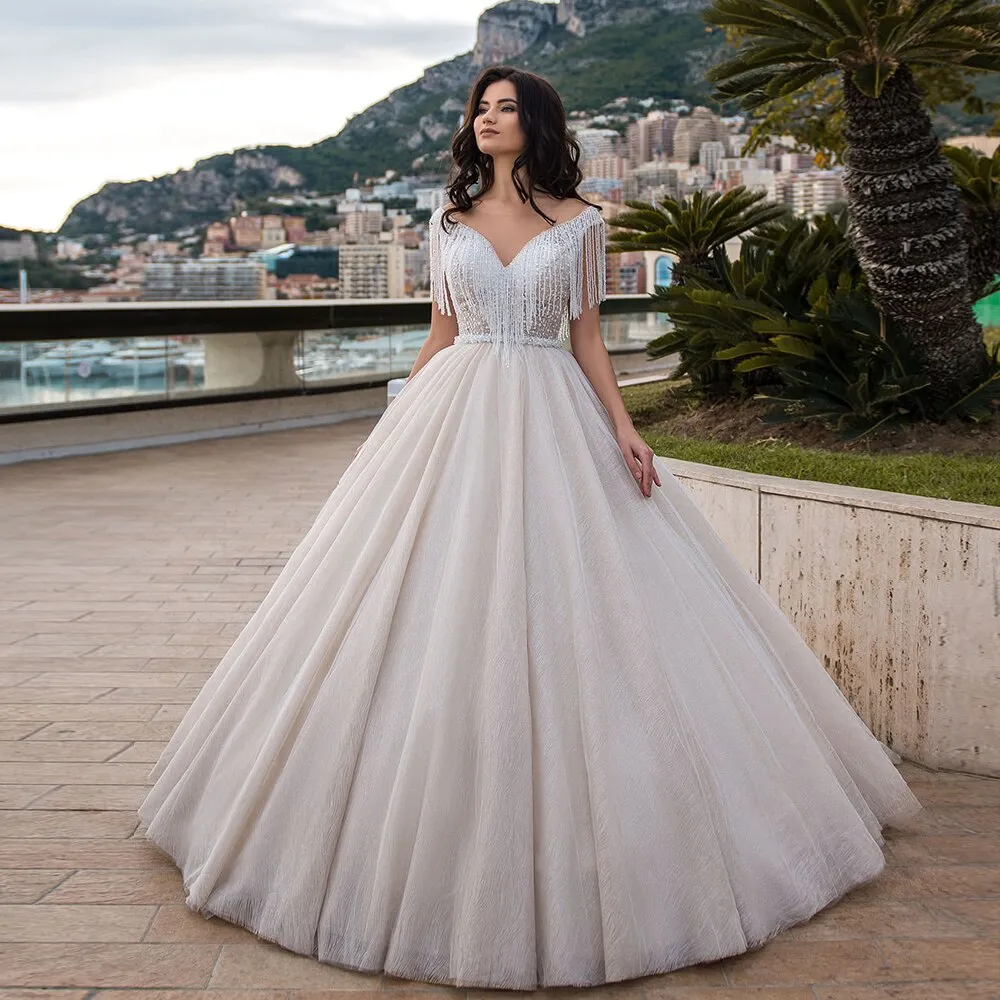 Custom Made Shiny Ball Gown Wedding Dresses Plus Size Vestidos Elegantes O-neck Pearls Up Beading Princess Bridal Dresses