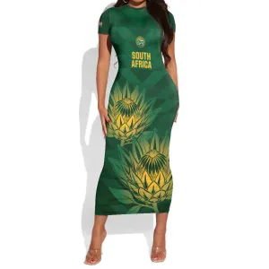 Custom South Africa Cricket Short Sleeve Bodycon Dress Go Champions Proteas LT14