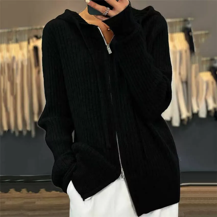 CWOHOL0354_ Casual Zip-Up Open Front Hoodie Cardigan Sweater: GREY / (OS) 1