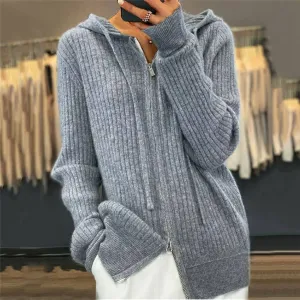 CWOHOL0354_ Casual Zip-Up Open Front Hoodie Cardigan Sweater: GREY / (OS) 1