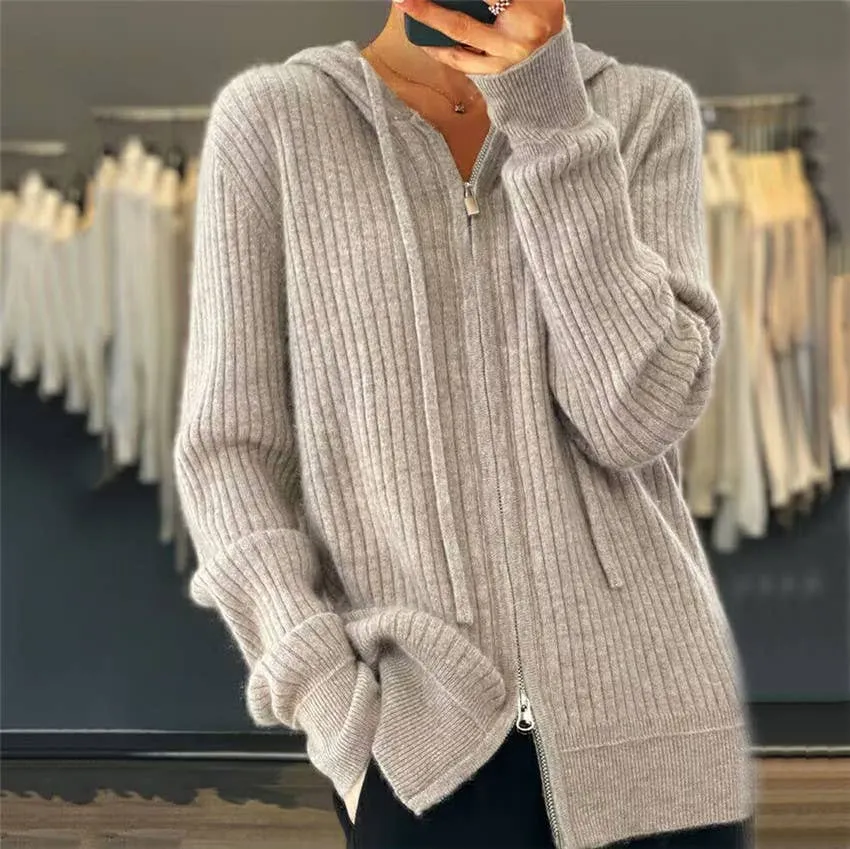 CWOHOL0354_ Casual Zip-Up Open Front Hoodie Cardigan Sweater: GREY / (OS) 1