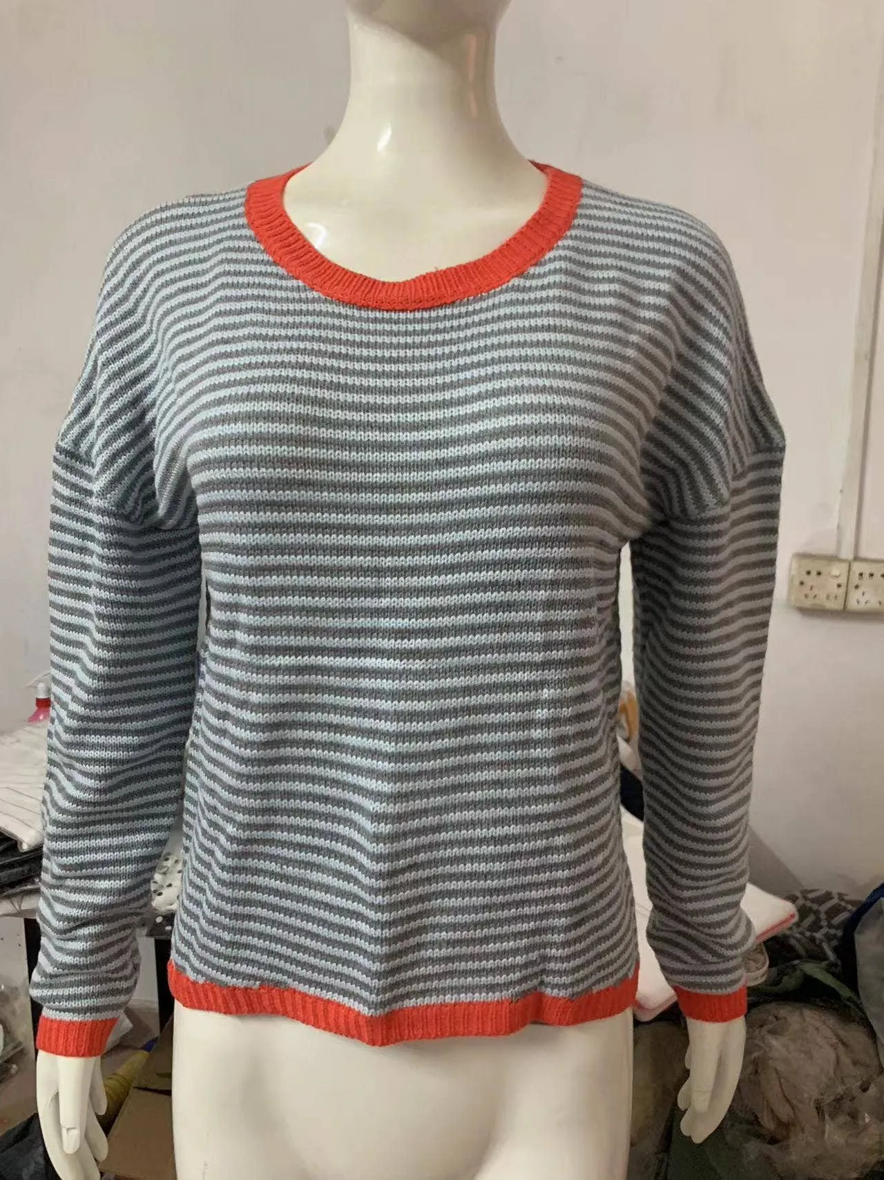 CWOSWL0811_ Long Sleeve Loose Neck Pullover Sweater: GREY / (XL) 1