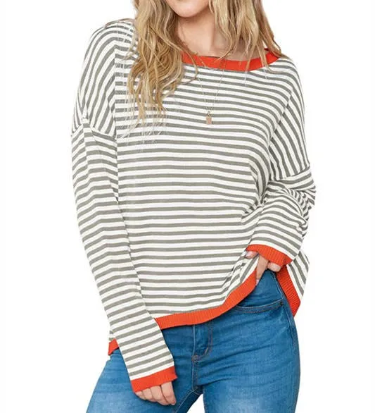 CWOSWL0811_ Long Sleeve Loose Neck Pullover Sweater: GREY / (XL) 1