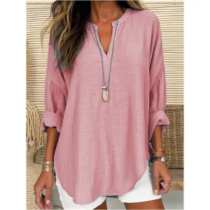 CWTBLL0260_Blouse Linen Long Sleeve Casual V Neck Top: Pink / (XL) 1