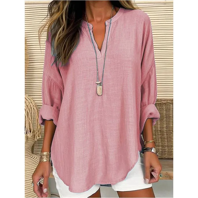 CWTBLL0260_Blouse Linen Long Sleeve Casual V Neck Top: Pink / (XL) 1