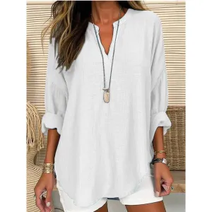 CWTBLL0260_Blouse Linen Long Sleeve Casual V Neck Top: White / (M) 1