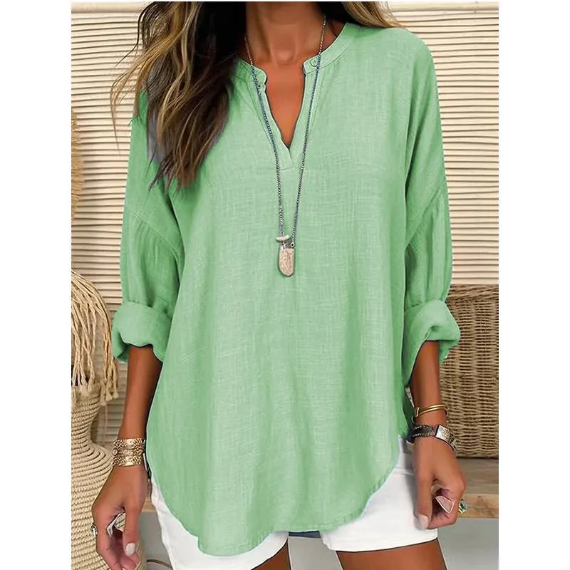 CWTBLL0260_Blouse Linen Long Sleeve Casual V Neck Top: White / (M) 1