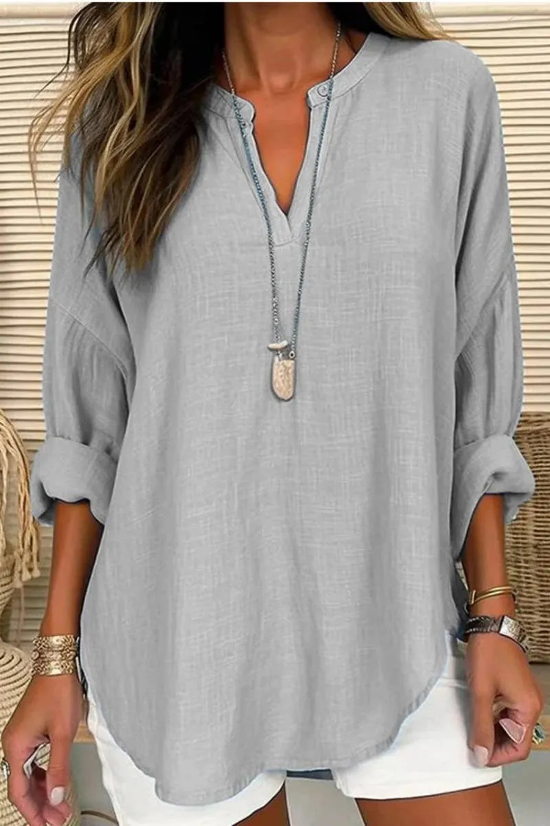 CWTBLL0260_Blouse Linen Long Sleeve Casual V Neck Top: White / (M) 1