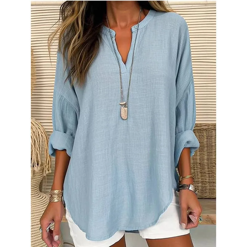 CWTBLL0260_Blouse Linen Long Sleeve Casual V Neck Top: White / (M) 1