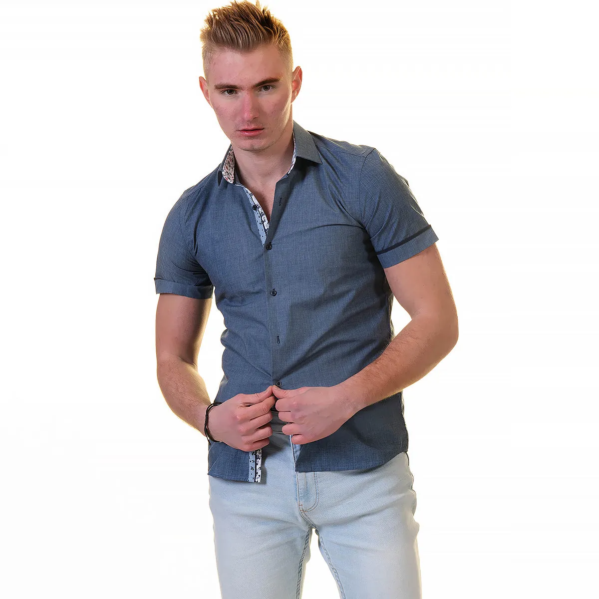 Dark Grey Short Sleeve Button up Shirts for Men - Tailored Slim Fit Cotton Dress Shirts