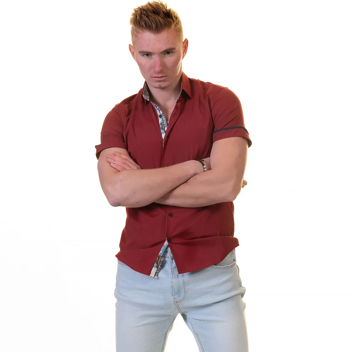 Dark Red Short Sleeve Button up Shirts for Men - Tailored Slim Fit Cotton Dress Shirts
