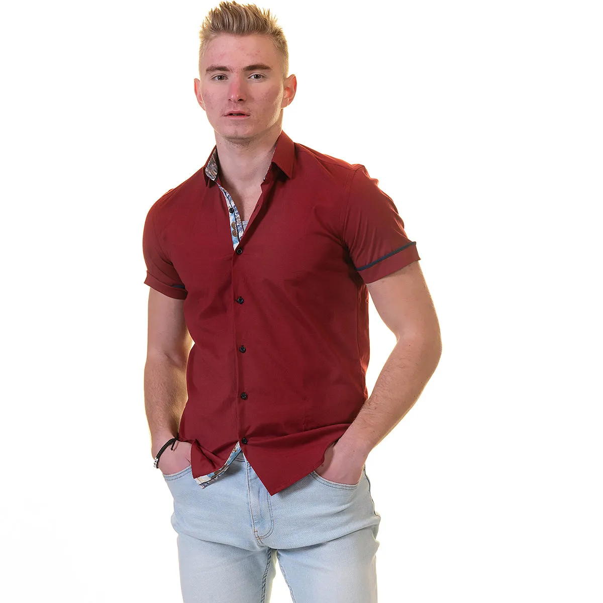 Dark Red Short Sleeve Button up Shirts for Men - Tailored Slim Fit Cotton Dress Shirts