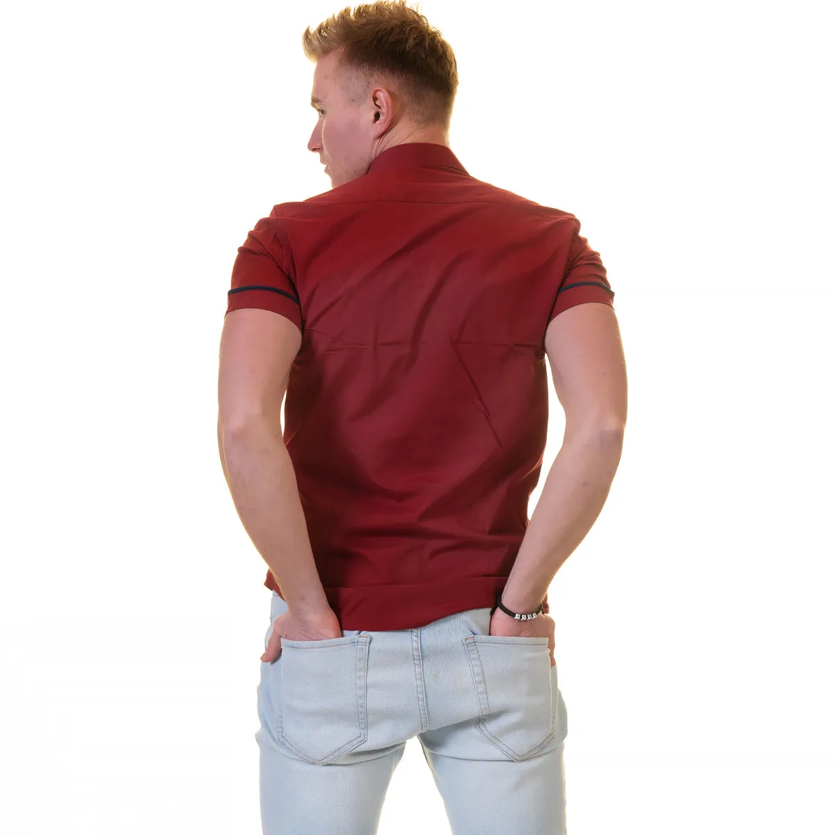Dark Red Short Sleeve Button up Shirts for Men - Tailored Slim Fit Cotton Dress Shirts