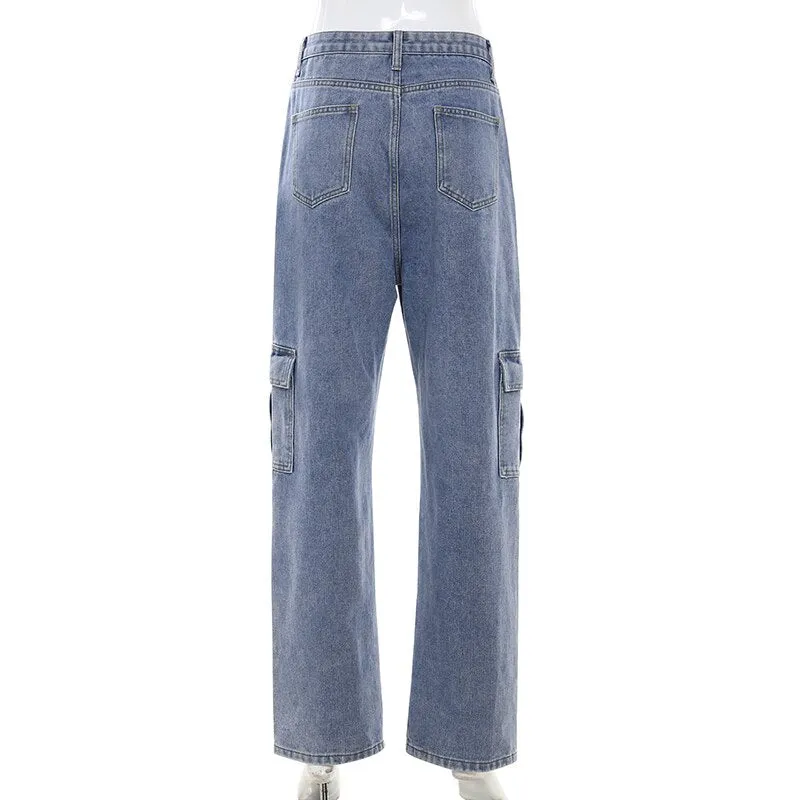 Darlingaga Fashion Saraight Denim High Waist Pants Pockets Loose Women's Trousers Cargo Pants Women Casual Jeans Bottom Pantalon