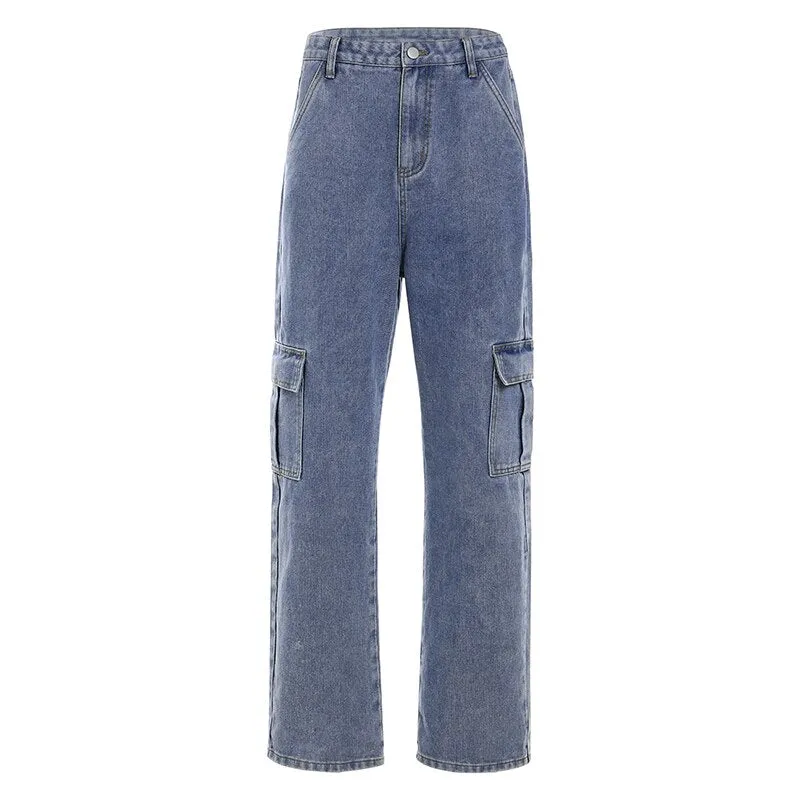 Darlingaga Fashion Saraight Denim High Waist Pants Pockets Loose Women's Trousers Cargo Pants Women Casual Jeans Bottom Pantalon