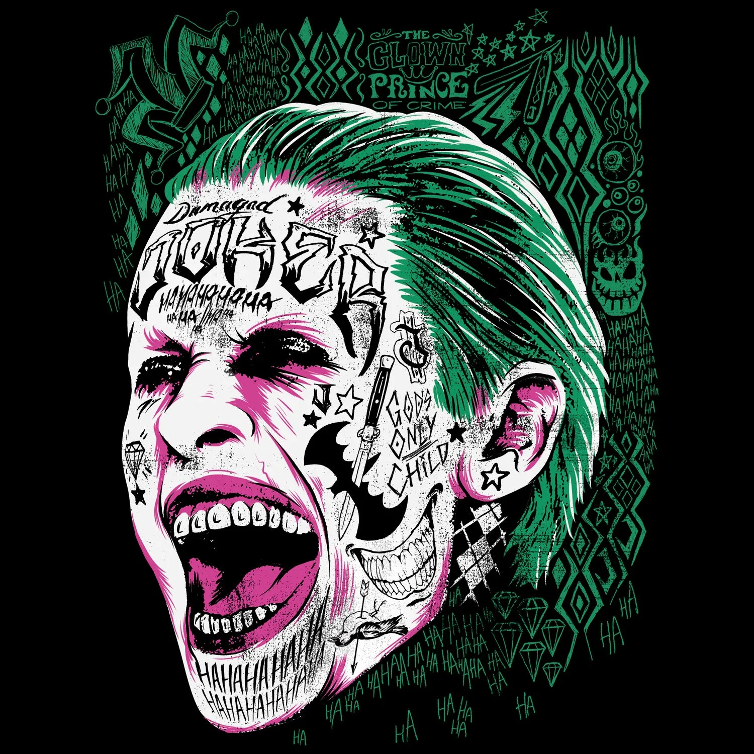 DC Suicide Squad Harley Quinn Joker Face Tattoo Official Men's T-shirt (Black)