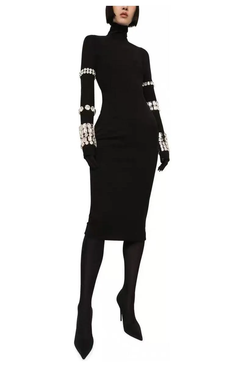 Diamond black high collar long sleeve tight dress
