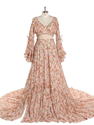 Elegant Cotton Floral Print Woman Maxi Dress Boho Beach 2 Pieces Gown Fancy Photography Props YD211008
