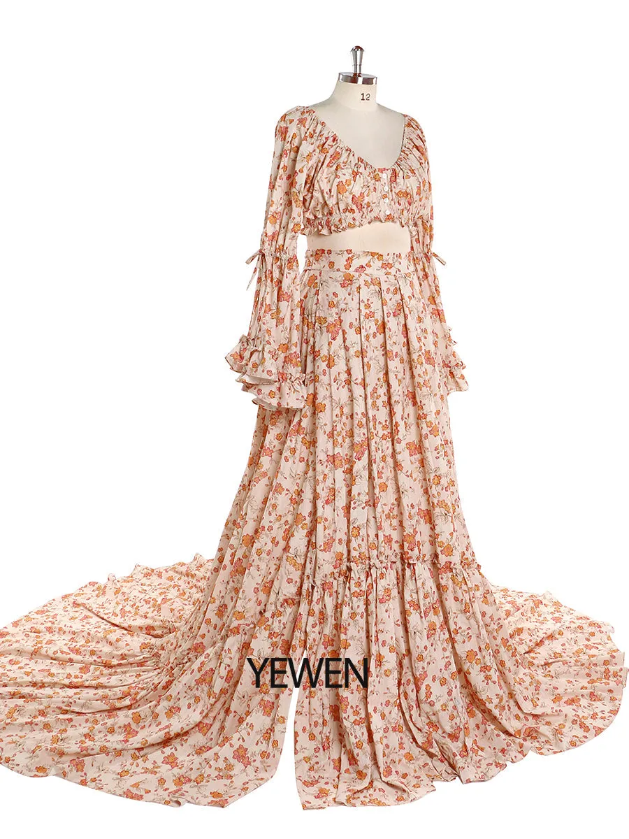 Elegant Cotton Floral Print Woman Maxi Dress Boho Beach 2 Pieces Gown Fancy Photography Props YD211008