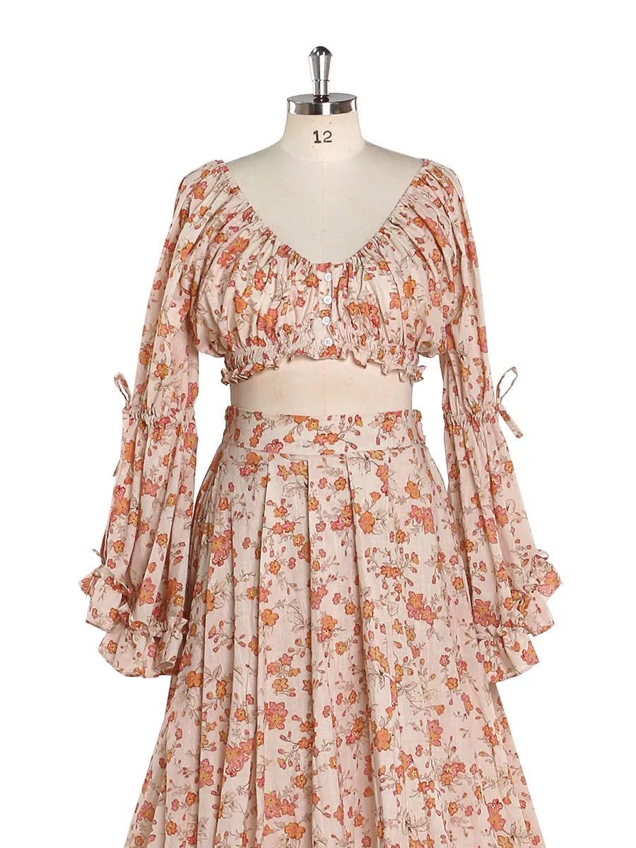 Elegant Cotton Floral Print Woman Maxi Dress Boho Beach 2 Pieces Gown Fancy Photography Props YD211008