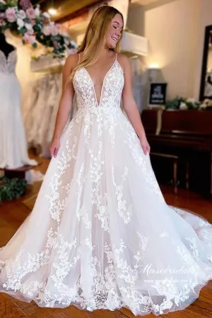 Elegant Tulle A-line Wedding Dresses With Lace Appliques, Bridal Gown, MW929