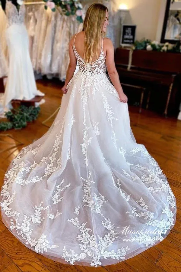 Elegant Tulle A-line Wedding Dresses With Lace Appliques, Bridal Gown, MW929