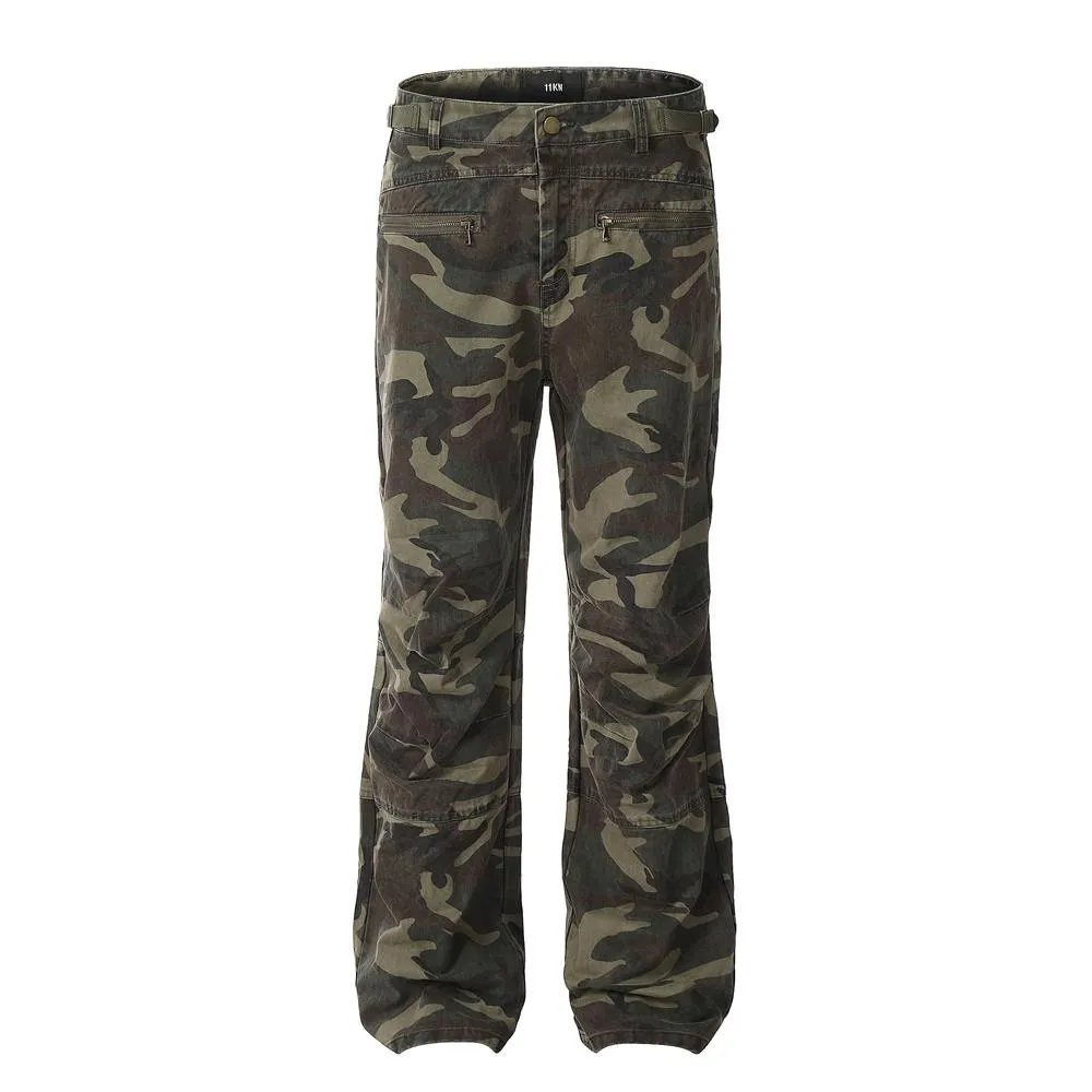 European And American Camouflage Workwear Trousers Men's Pleated Sports Casual Pants Loose Wide-foot Micro-flared Trendy Hippie Pants