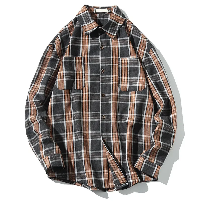 Flannel Striped Shirt Men Long Sleeve Vintage Shirts Men Plaid Streetwear Fashions Casual Spring Autumn Harajuku Shirts