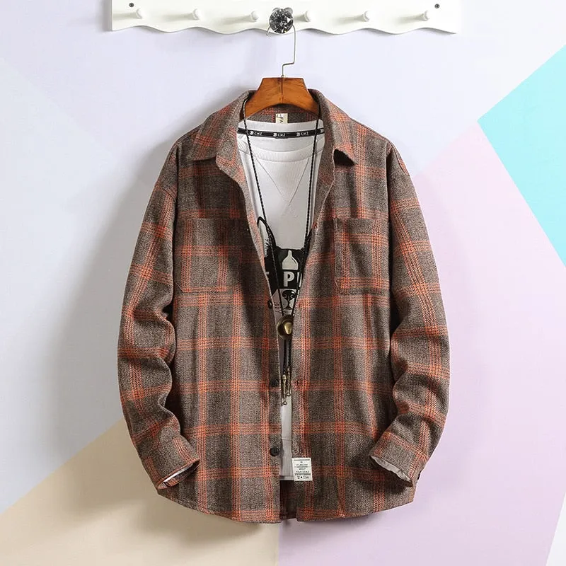 Flannel Striped Shirt Men Long Sleeve Vintage Shirts Men Plaid Streetwear Fashions Casual Spring Autumn Harajuku Shirts