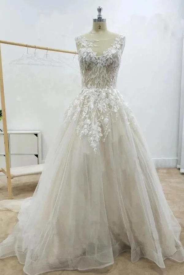 Floral Applique Beach Wedding Dresses Backless Boho Wedding Gown,MW408