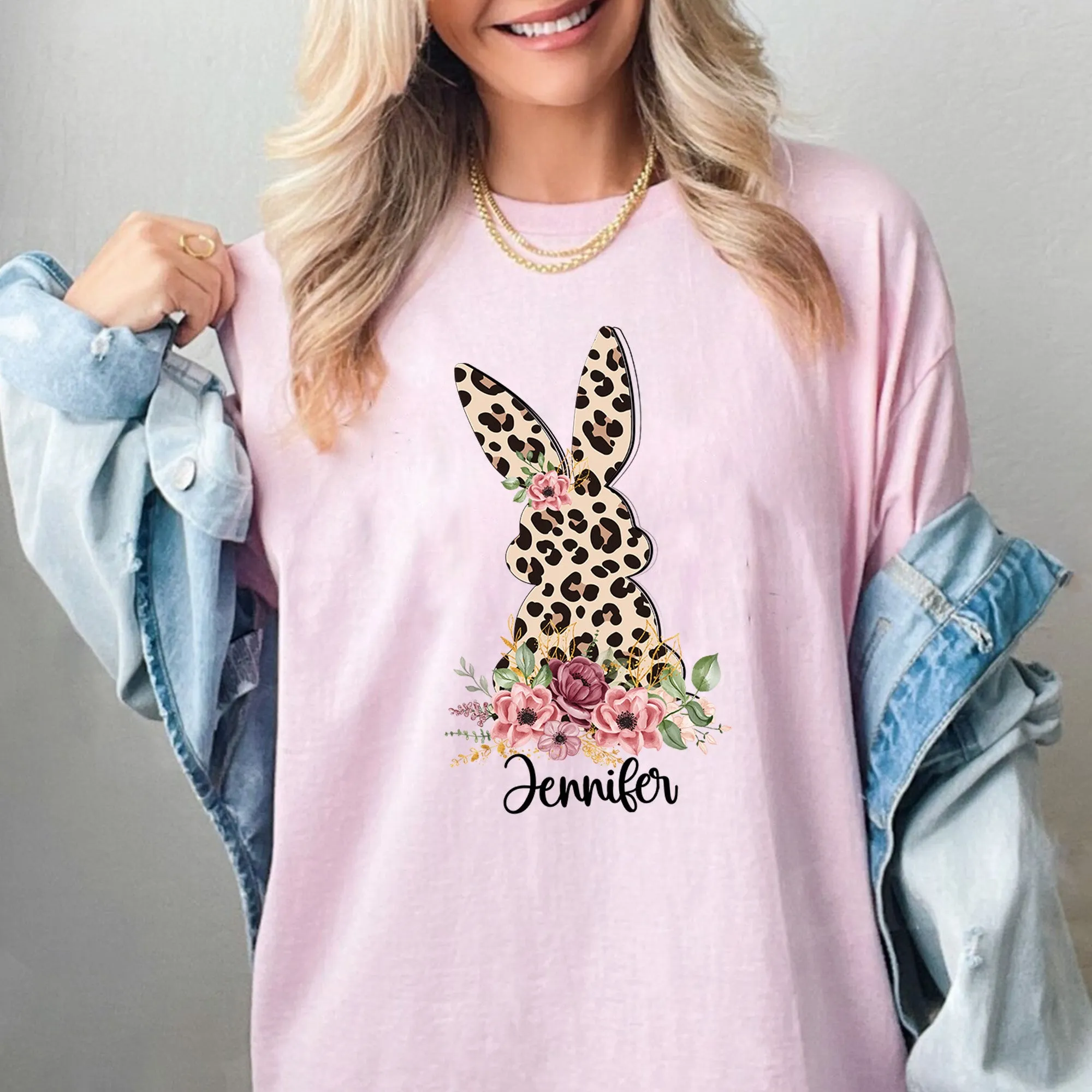 Floral Leopard Bunny Shirt, Bunny Shirt, Cute Easter Bunny T-Shirt, Happy Easter, Shirt with Bunnies, Easter Gift, Happy Easter T-Shirt
