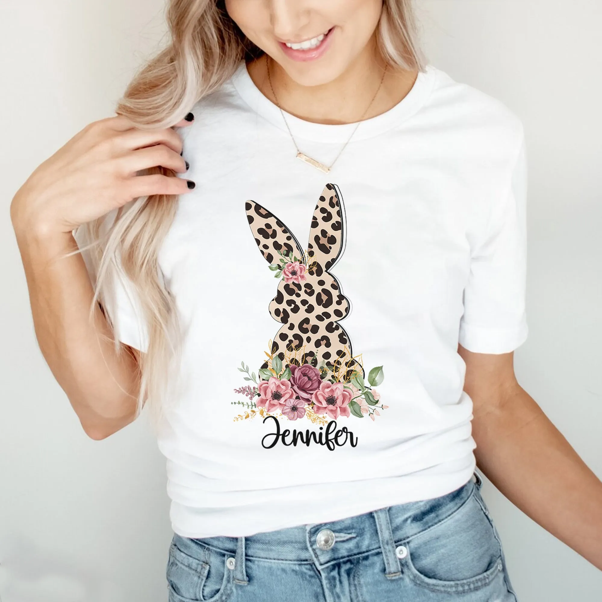 Floral Leopard Bunny Shirt, Bunny Shirt, Cute Easter Bunny T-Shirt, Happy Easter, Shirt with Bunnies, Easter Gift, Happy Easter T-Shirt