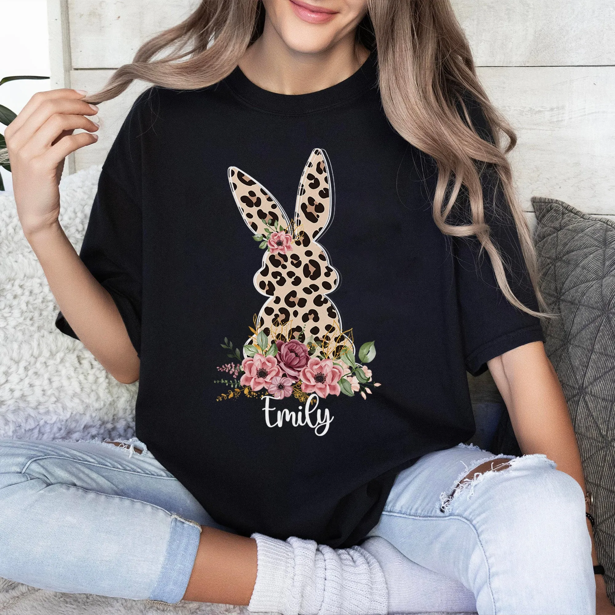 Floral Leopard Bunny Shirt, Bunny Shirt, Cute Easter Bunny T-Shirt, Happy Easter, Shirt with Bunnies, Easter Gift, Happy Easter T-Shirt