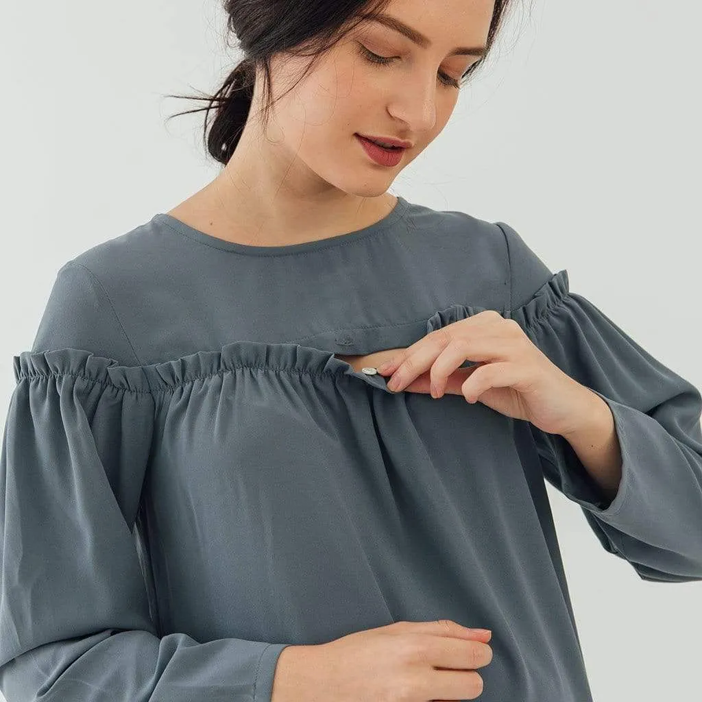 Flounce Long Sleeves Cherice Top Charcoal