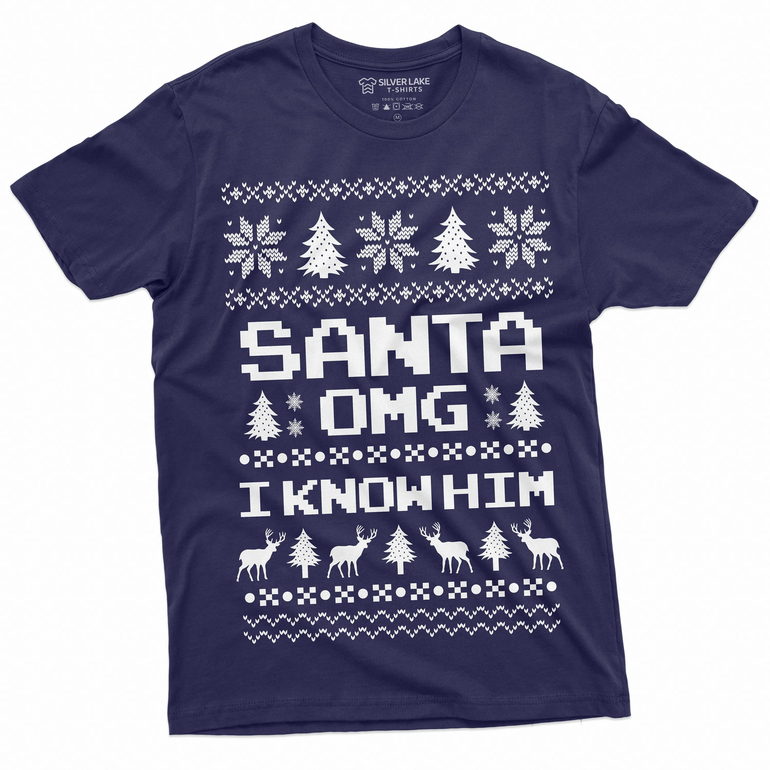 Funny Chistmas Ugly Pattern Santa OMG I know him Popular culture T-shirt Christmas Mood Nordic pattern Tee Shirt