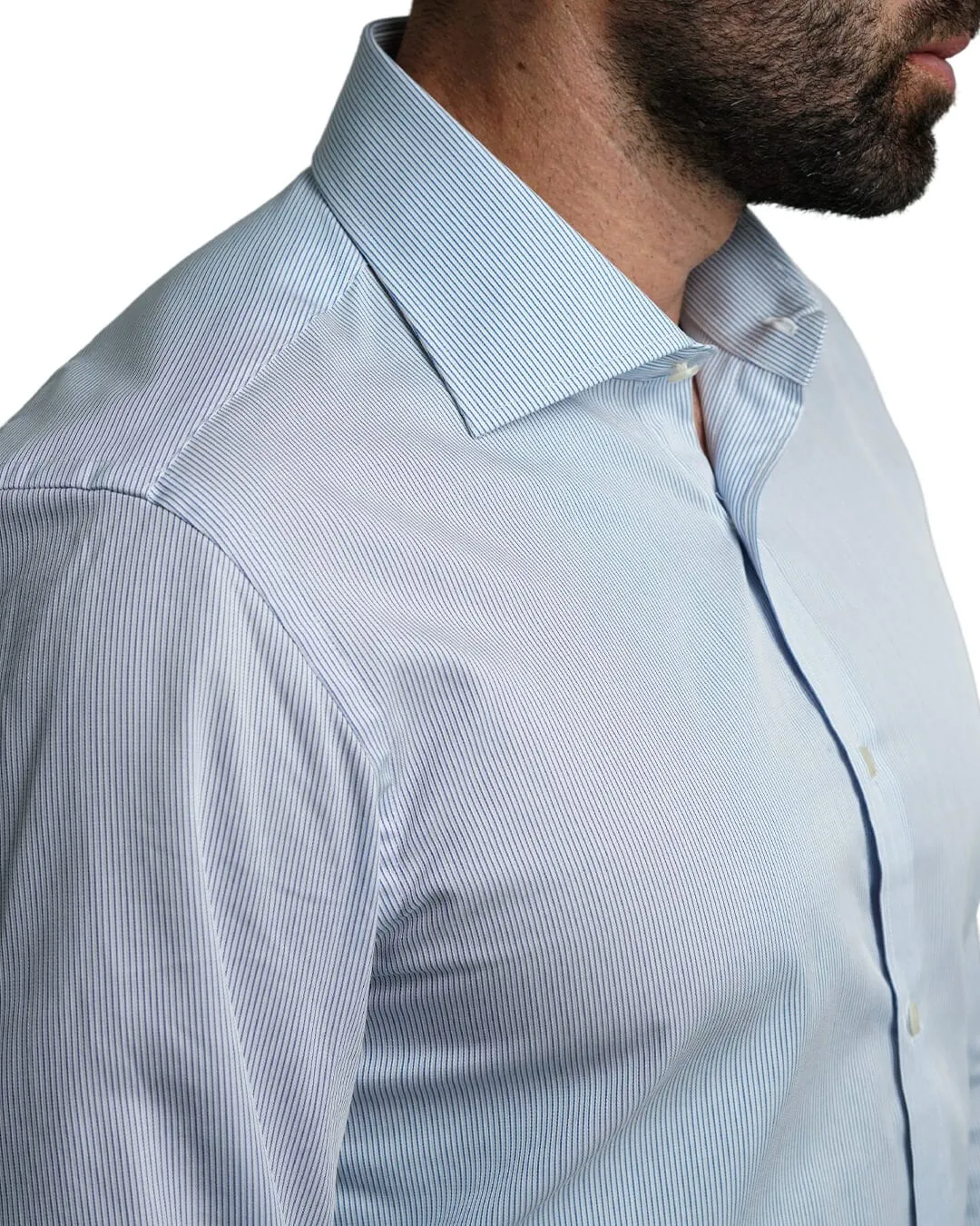 Gagliardi Blue Poplin Fine Stripe Double Cuff Non-Iron Shirt