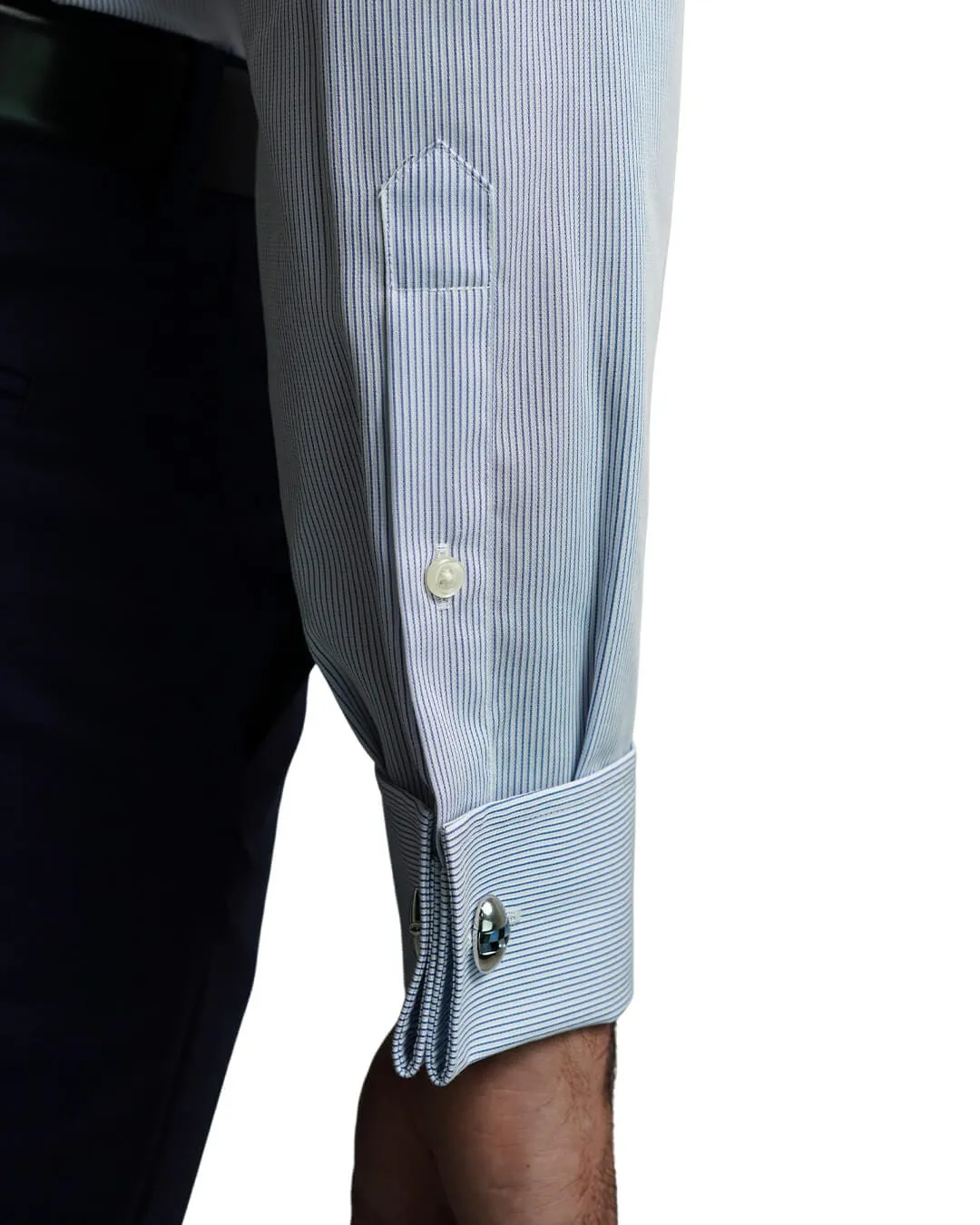 Gagliardi Blue Poplin Fine Stripe Double Cuff Non-Iron Shirt