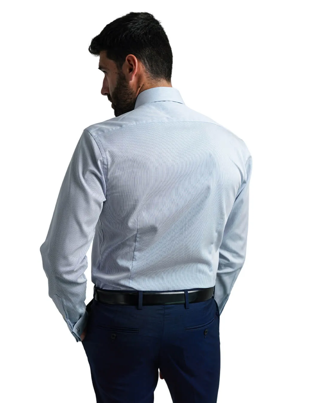 Gagliardi Blue Poplin Fine Stripe Double Cuff Non-Iron Shirt