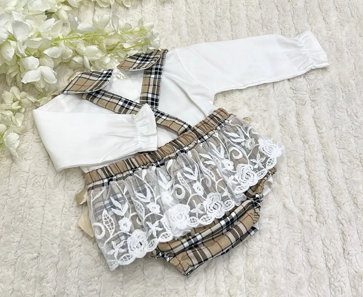 Girls Burberry style dungaree pants and shirt