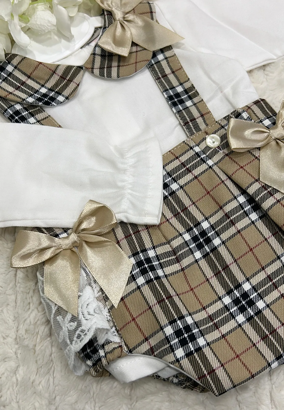 Girls Burberry style dungaree pants and shirt