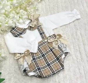 Girls Burberry style dungaree pants and shirt