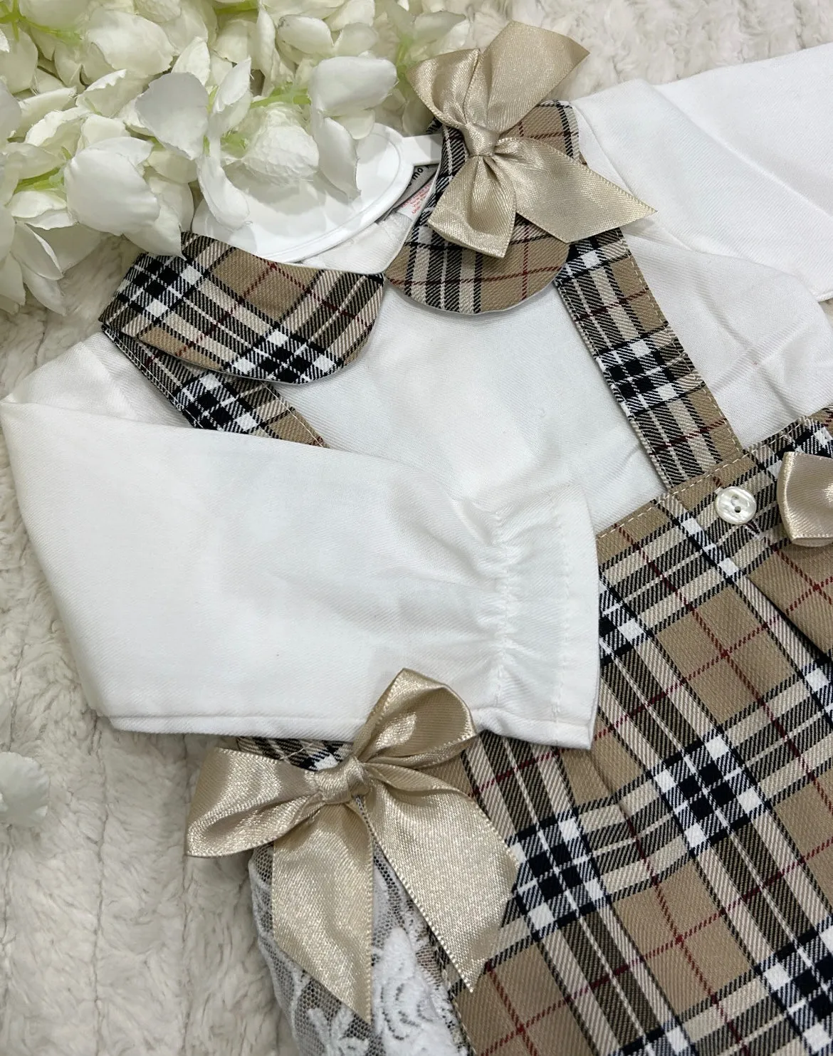 Girls Burberry style dungaree pants and shirt