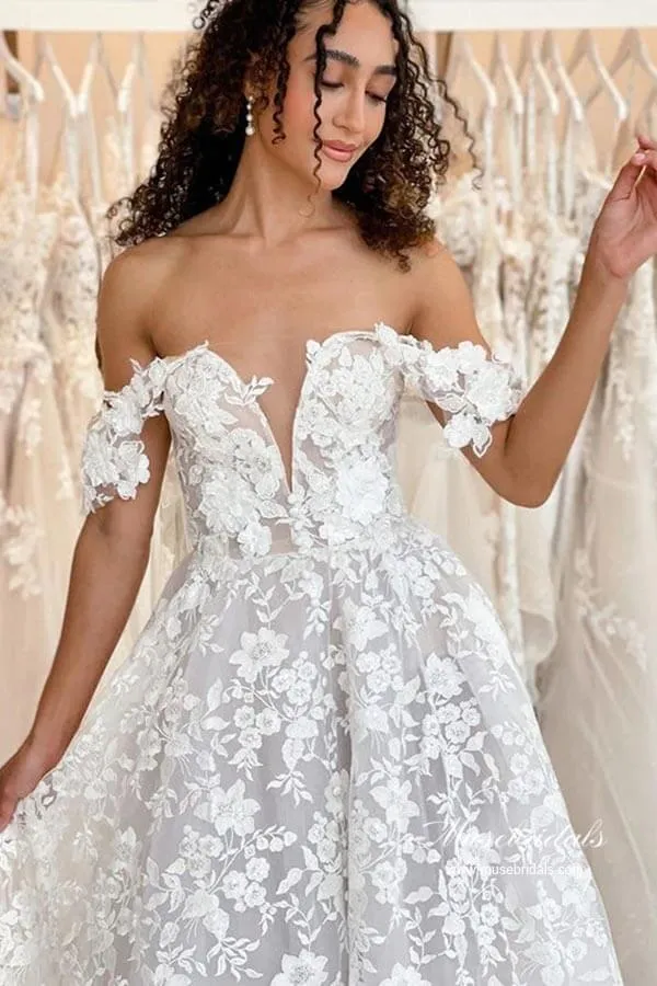 Gorgeous A-line Off-the-Shoulder Wedding Dresses With Lace Appliques, MW954