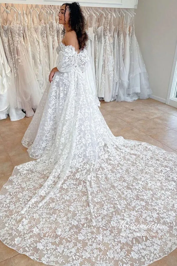 Gorgeous A-line Off-the-Shoulder Wedding Dresses With Lace Appliques, MW954