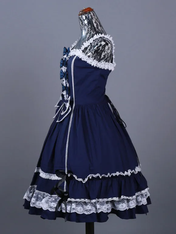 Gothic Lolita Dresses Ruffles Bows Color Block Blue Blue