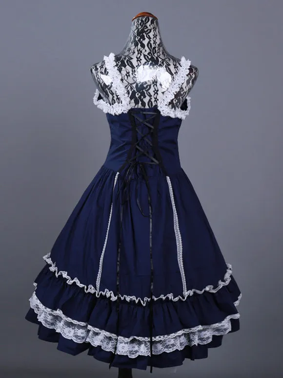 Gothic Lolita Dresses Ruffles Bows Color Block Blue Blue