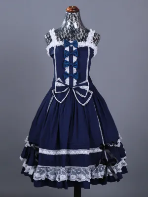 Gothic Lolita Dresses Ruffles Bows Color Block Blue Blue