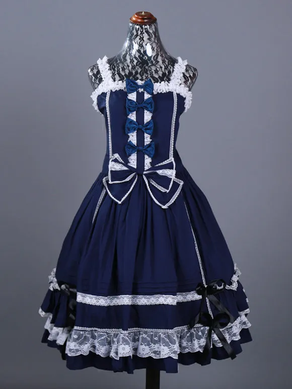 Gothic Lolita Dresses Ruffles Bows Color Block Blue Blue